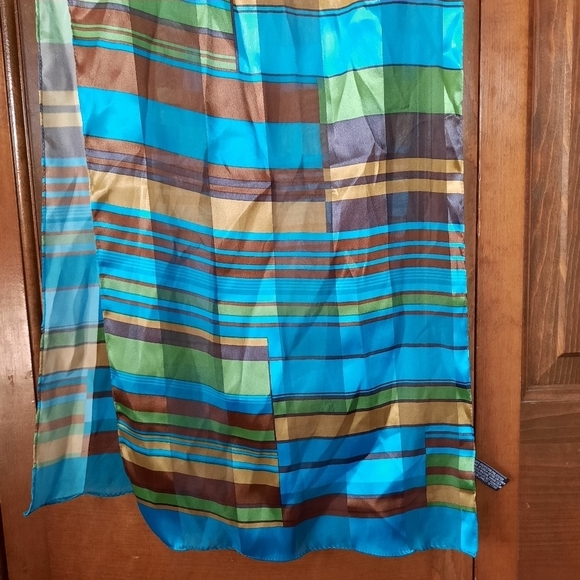 Vintage satin metallic blue brown print mod scarf - Picture 6 of 8